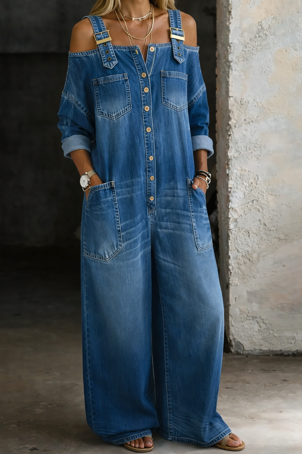 Sophia Denim Jumpsuit med Avdekkede Skuldre