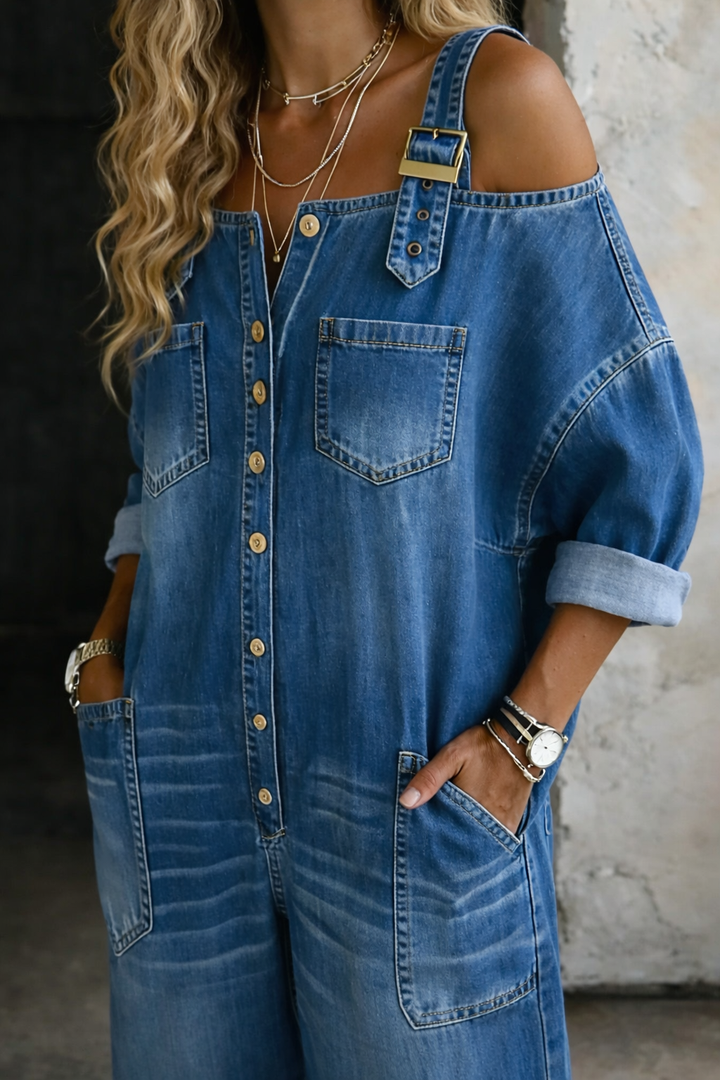 Sophia Denim Jumpsuit med Avdekkede Skuldre