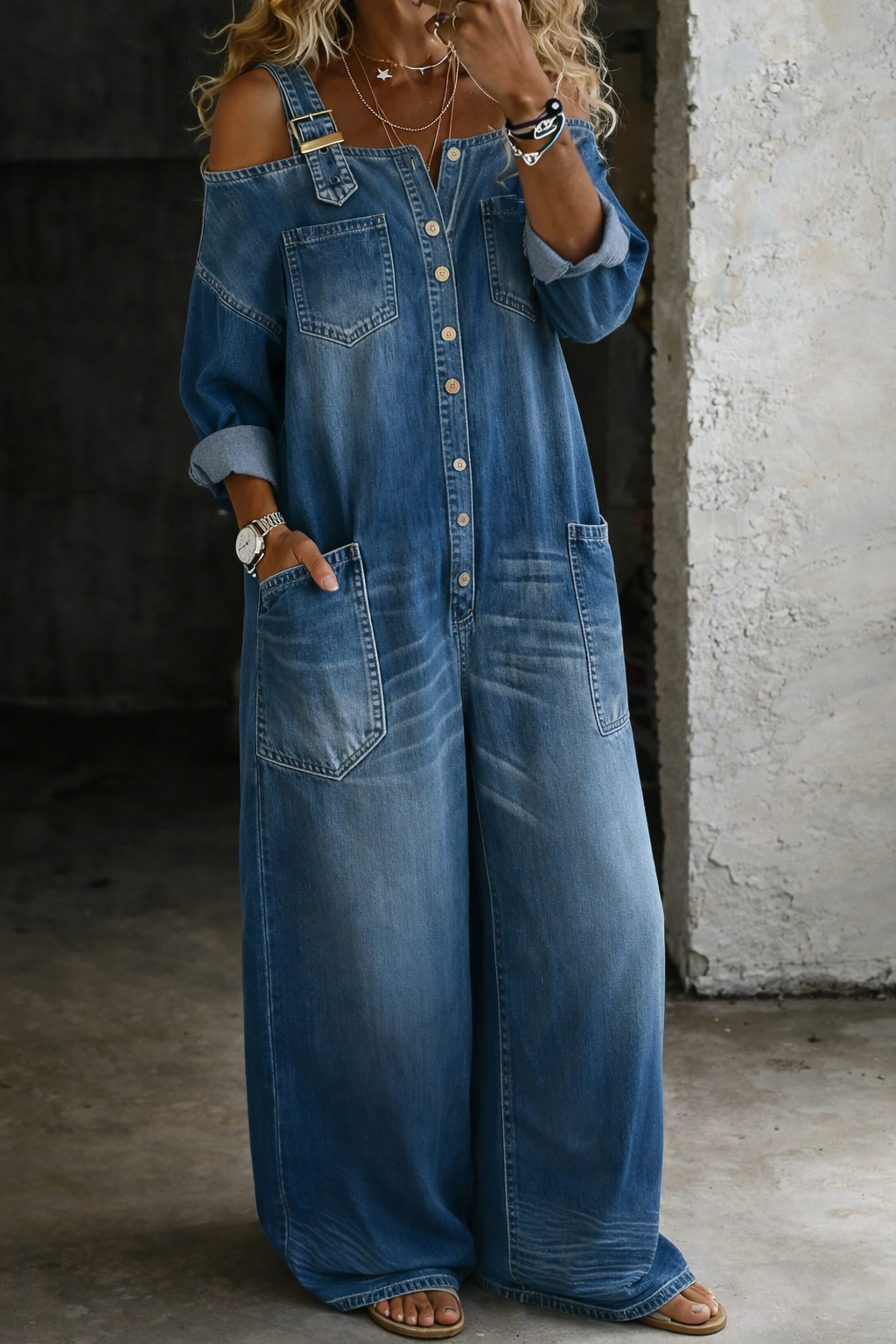 Sophia Denim Jumpsuit med Avdekkede Skuldre