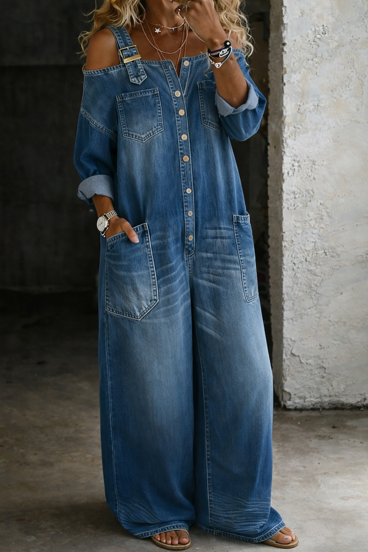 Sophia Denim Jumpsuit med Avdekkede Skuldre